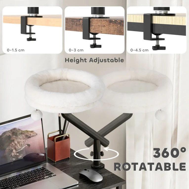 Clamp-On Rotating Cat Desk Bed with Washable Cushion – Cream White