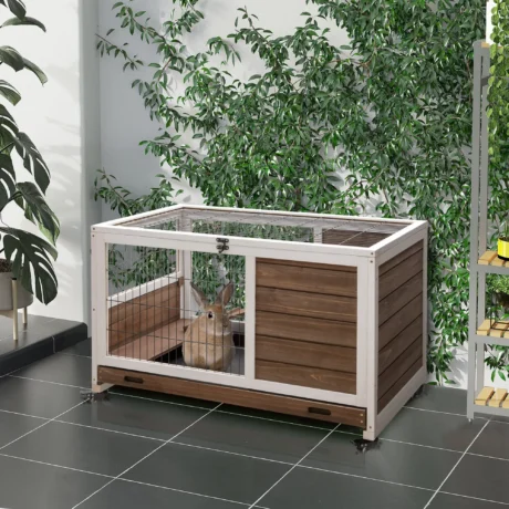 Wooden Rabbit Hutch Enclosed Run – Brown and white