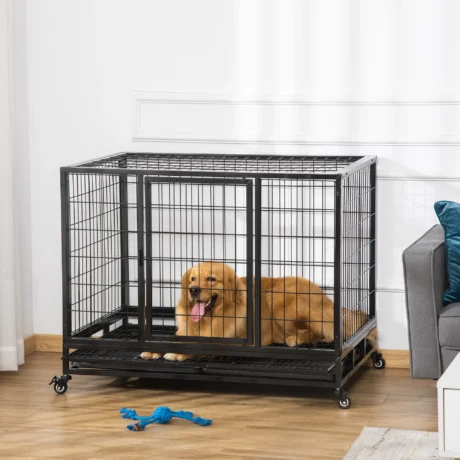 Wheeled Metal Dog Crate with Cleaning Tray – Black, 109cm