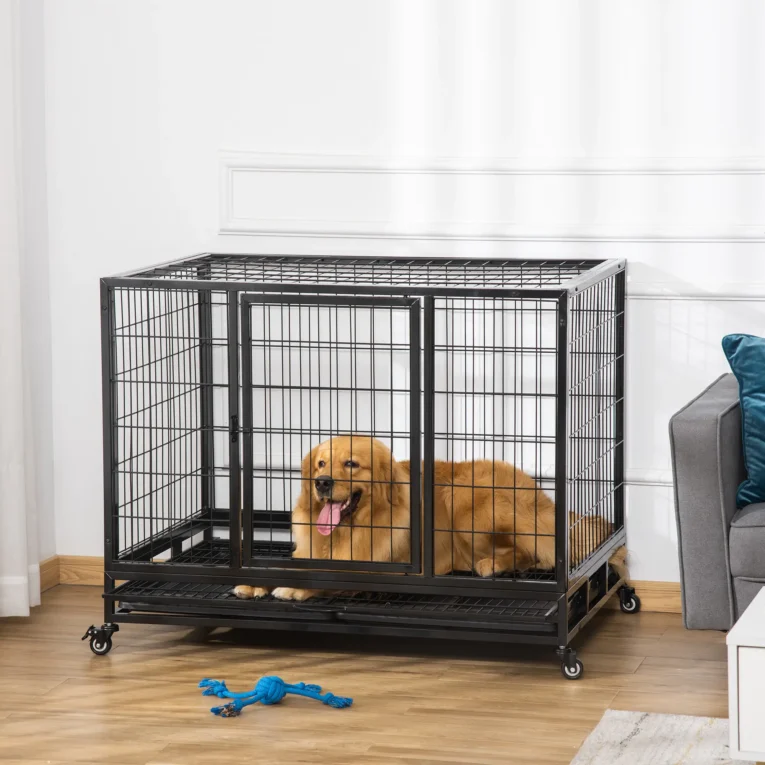 Wheeled Metal Dog Crate with Cleaning Tray – Black, 109cm