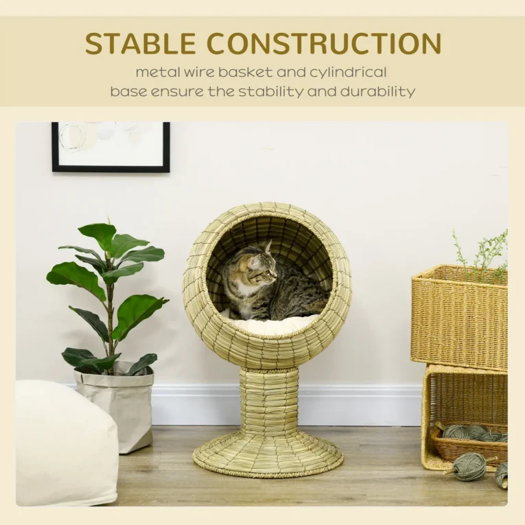 Raised Woven-Grass Cat Cave with Cushion – Yellow, 69cm