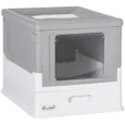 Hooded Cat Litter Box Portable with Scoop – Grey, White