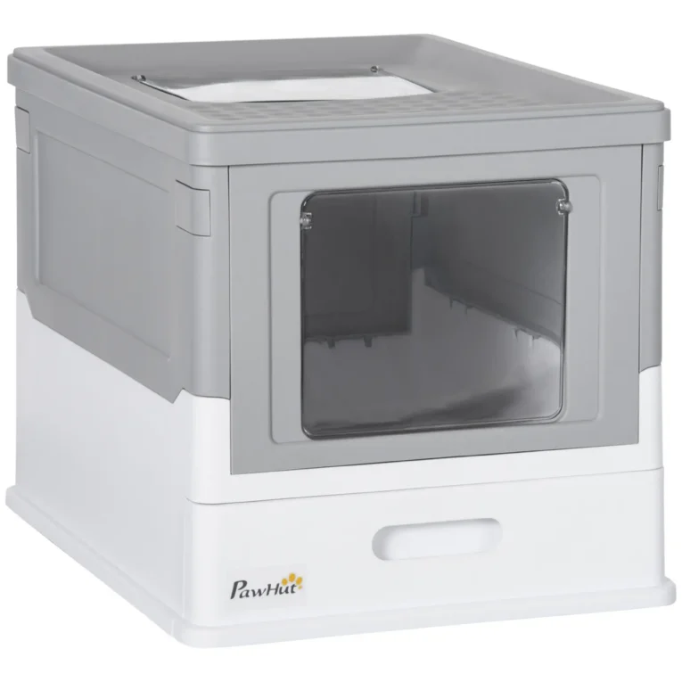 Hooded Cat Litter Box Portable with Scoop – Grey, White