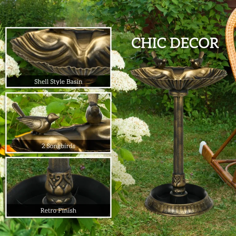 Garden Bird Bath with Two Bird Decorations – Bronze Tone, 81cm