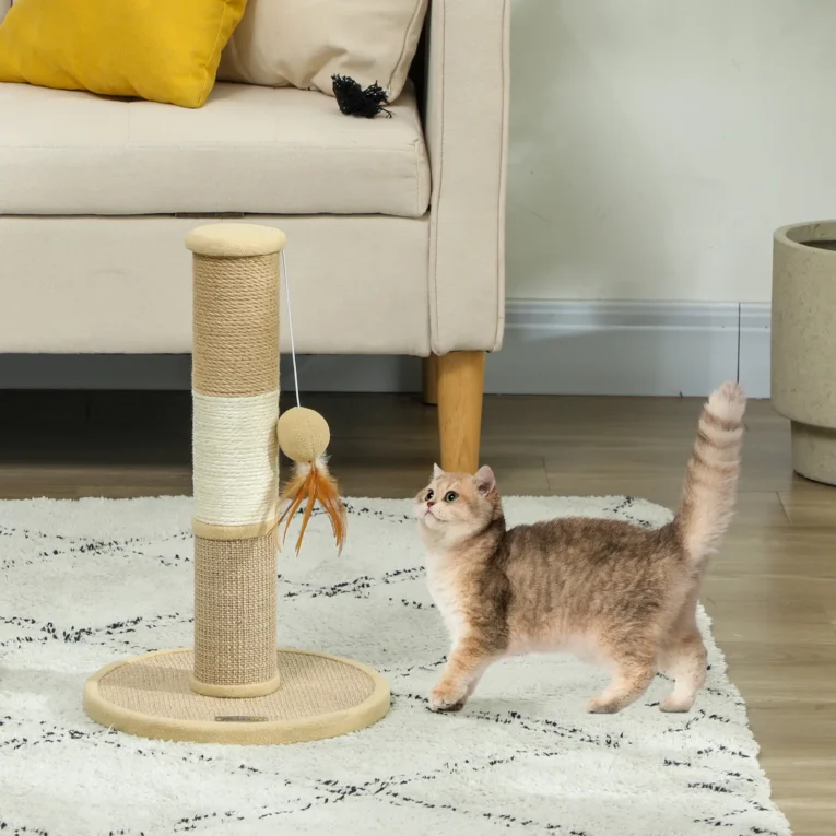 Multi-Texture Cat Scratching Post with Hanging Toys – Brown, 47cm