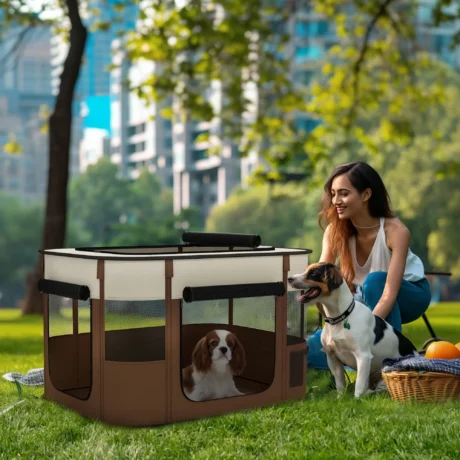 Folding Fabric Pet Playpen – Brown, 84cm