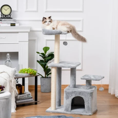 Cat Tower with Den and Raised Perches – Light Grey, 114cm