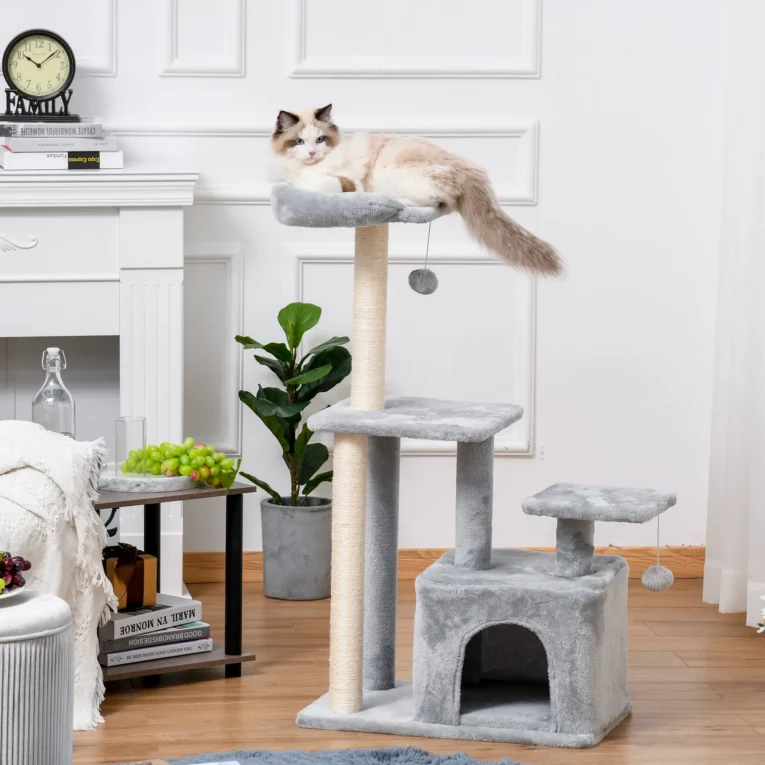 Cat Tower with Den and Raised Perches – Light Grey, 114cm