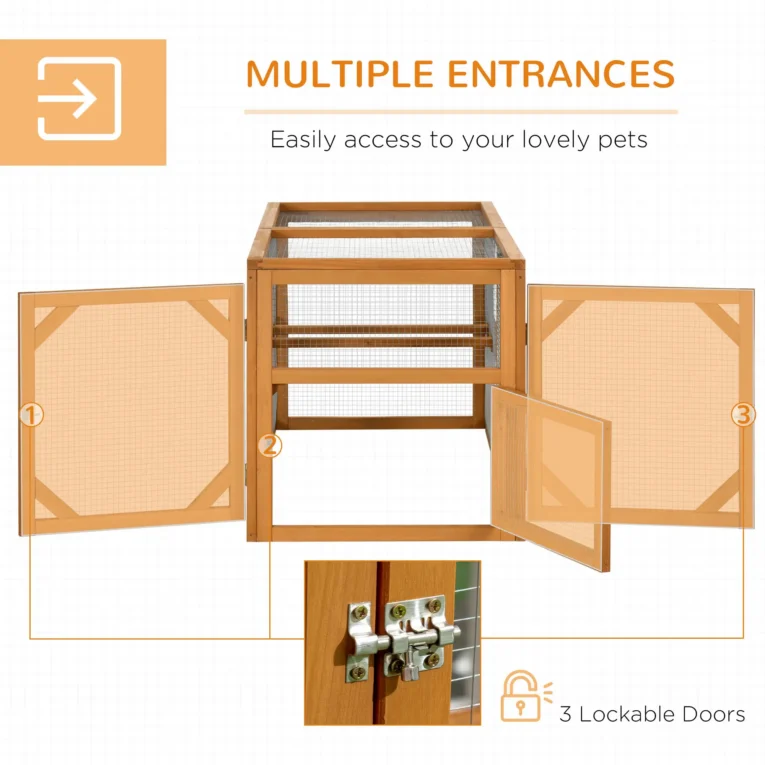 Wooden Chicken Run with Perches and Multiple Doors – Natural, 140cm