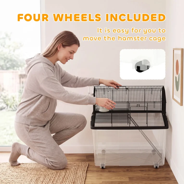 Two-Tier Hamster Cage with Wheels and Deep Bottom – Black