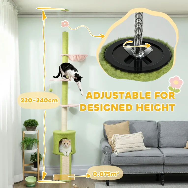 Adjustable Floor-to-Ceiling Cat Tree with Hammock – Green