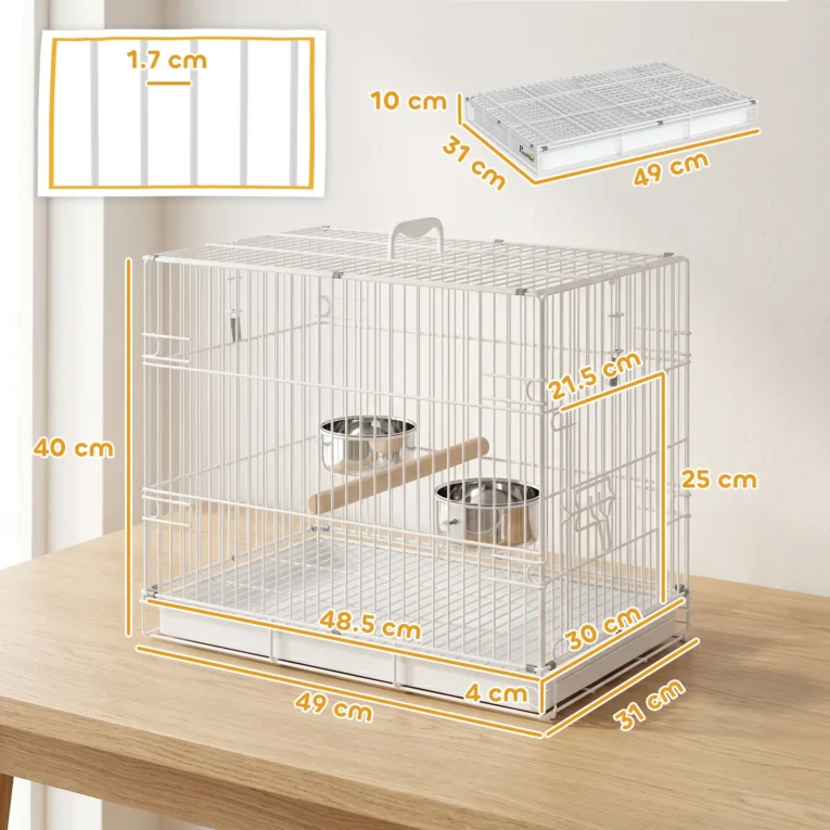 Folding Bird Travel Cage with Perch and Bowls – White, 49cm
