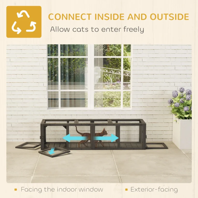 Wooden Cat Run Tunnel with Three Removable Doors – Grey, 150cm