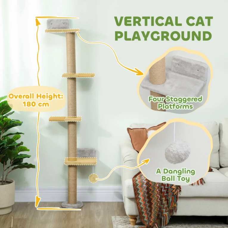 Wall-Mounted Cat Climbing Column with Four Platforms – Grey, 180cm
