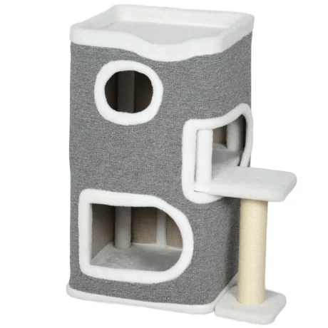 Compact Cat Tower with Two Dens and Top Bed – Grey, 75cm
