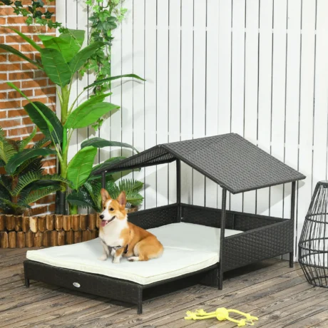 Rattan-Style Dog House with Pull-Out Bed and Cushion &ndash; Brown and Cream &ndash; detail 2