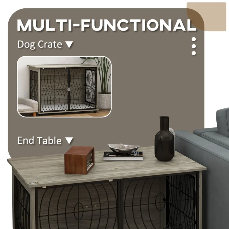 Large Dog Crate Side Table with Cushion – Grey Wood Effect, 100cm