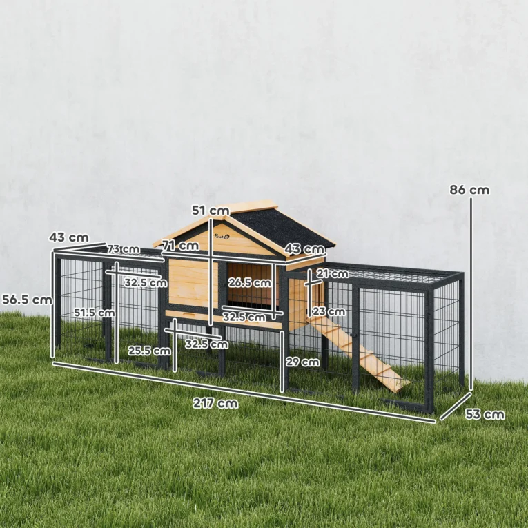 Wooden Rabbit Hutch with Side Run and Tray – Natural, 217cm Wooden Rabbit Hutch with Side Run and Tray – Natural, 217cm