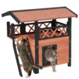 Outdoor Wooden Cat House with Balcony and Steps – Brown