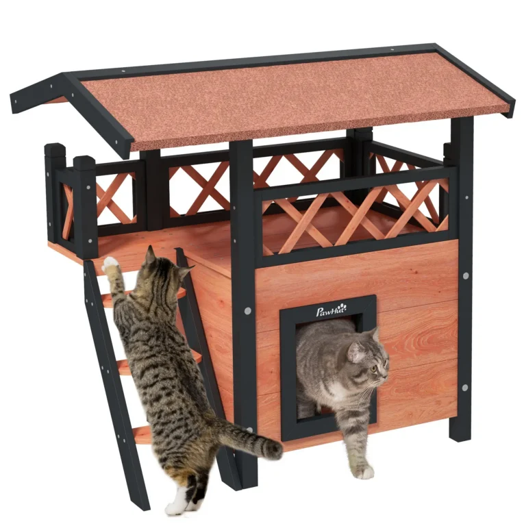 Outdoor Wooden Cat House with Balcony and Steps – Brown
