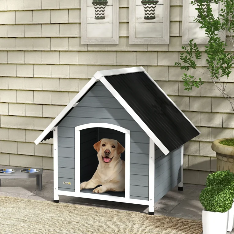 Wooden Dog Kennel with Removable Floor for Large Dogs, 106.5H x 110W x 98D cm – Grey and black