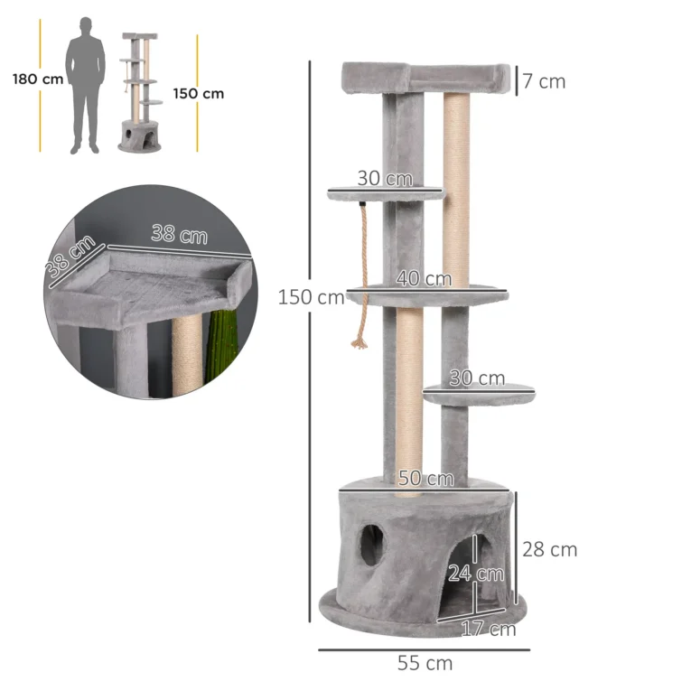 Tall Cat Tower with Den and Multiple Perches – Grey, 150cm Tall Cat Tower with Den and Multiple Perches – Grey, 150cm
