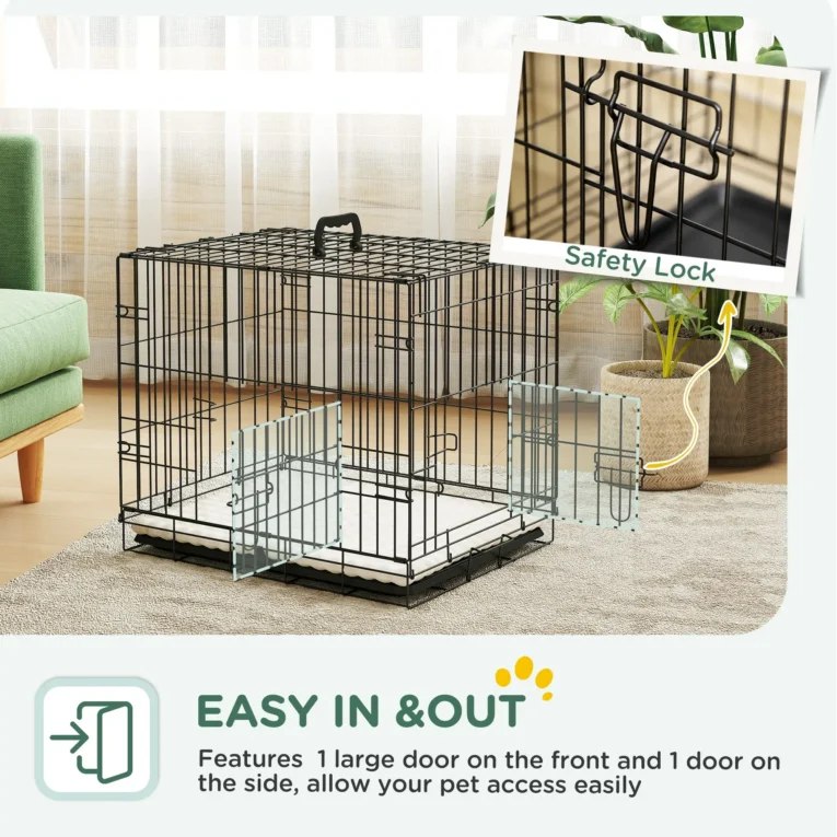 Folding Two-Door Dog Crate with Cushion – Black and Beige, 60cm