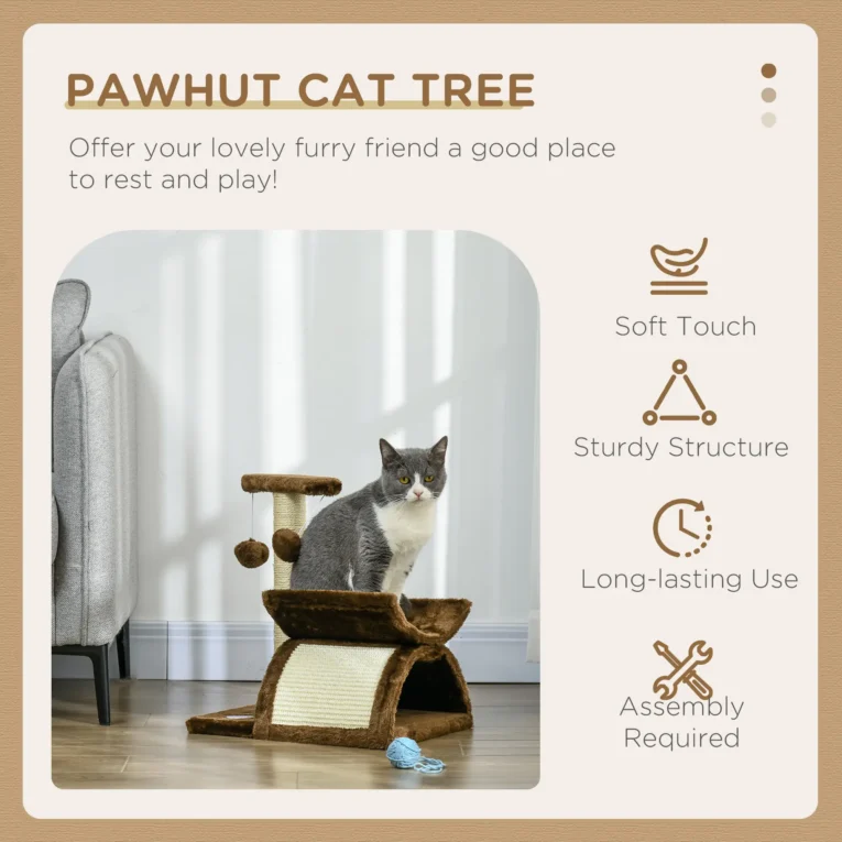 Compact Cat Activity Tree with Rotating Bar and Tunnel – Brown
