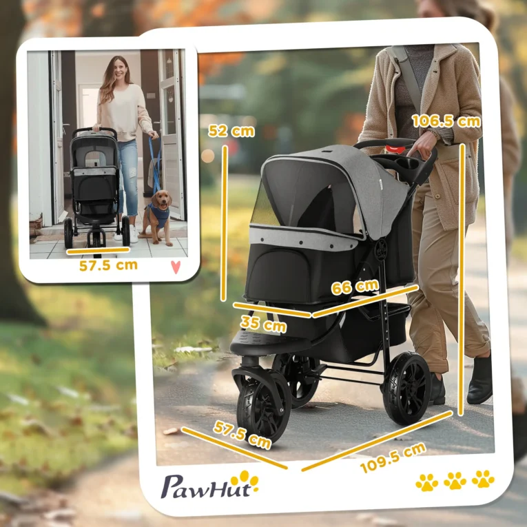 Dog Pram 3-Wheel Stroller for Small Dogs – Grey and black