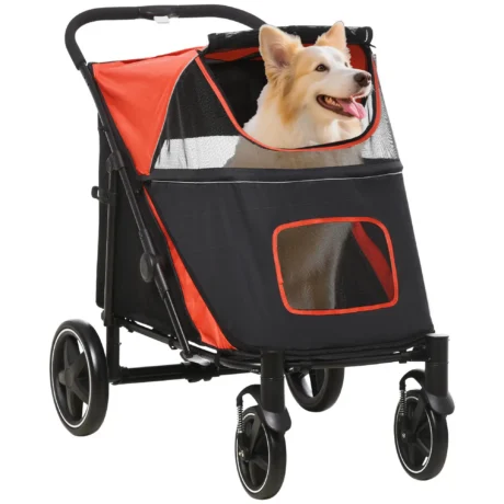 Folding Large Dog Stroller with Shock Absorbers – Red