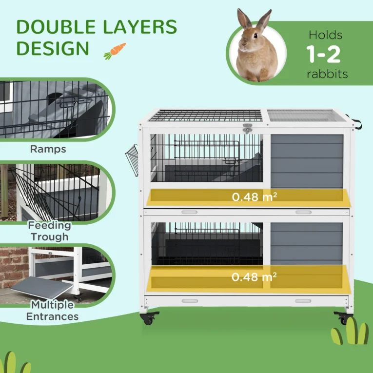 Wheeled Two-Level Rabbit Hutch – Grey and White