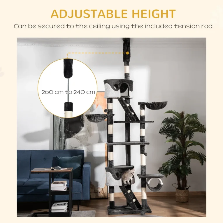 Floor-to-Ceiling Cat Tree with Hammocks and Tunnel – White, 240–260cm