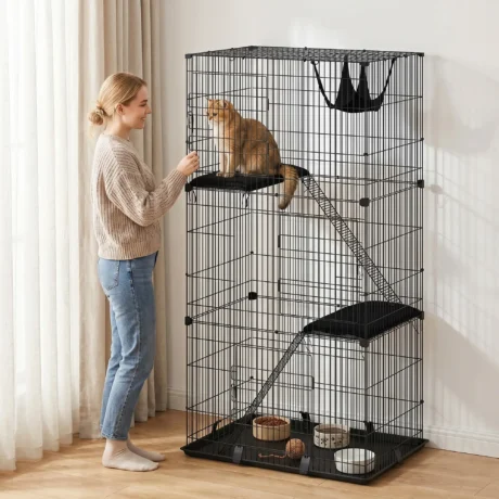 Tall Indoor Cat Enclosure with Hammock and Platforms – Black
