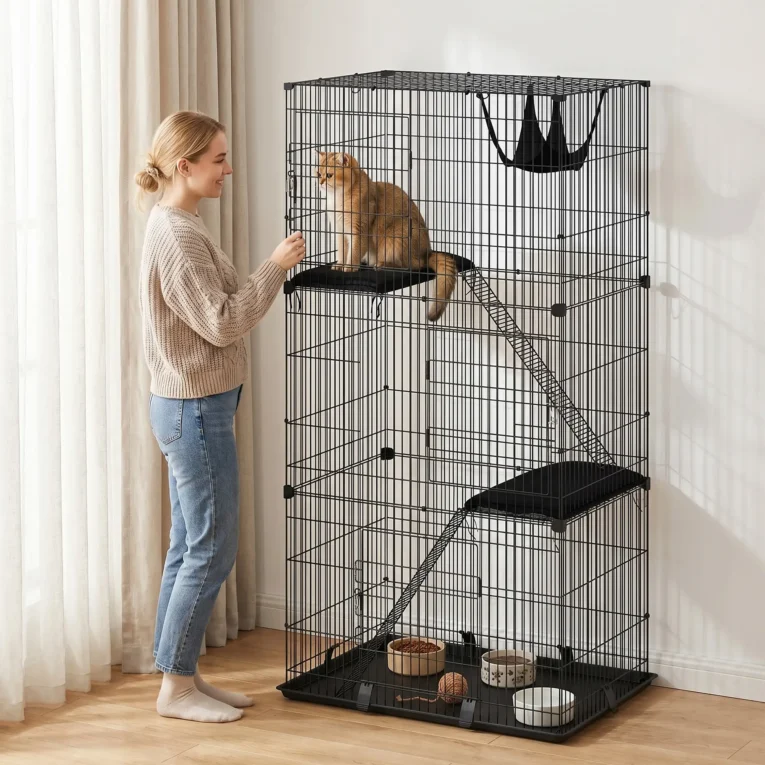 Tall Indoor Cat Enclosure with Hammock and Platforms – Black