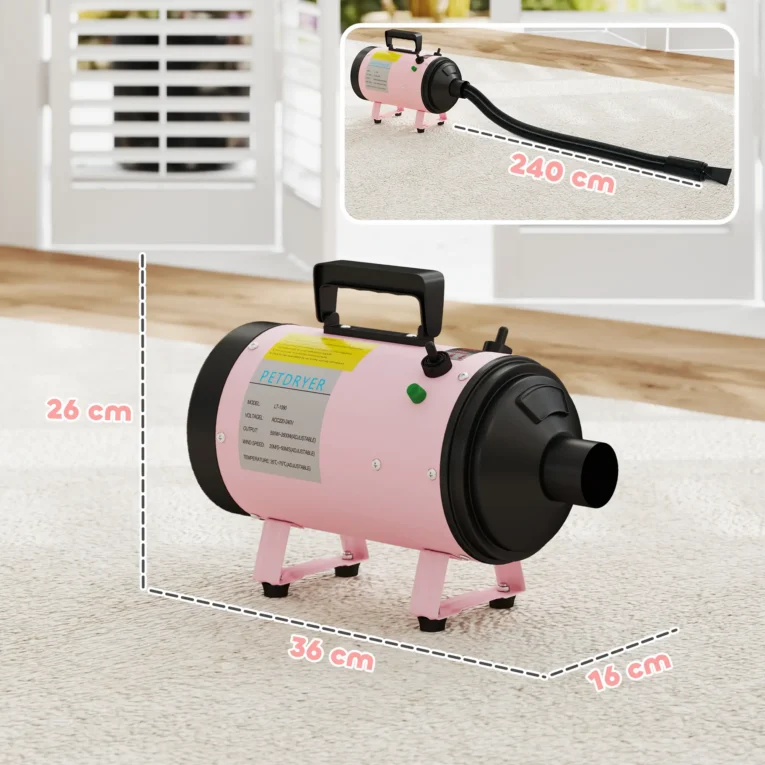 2200W Dog Hair Dryer with Variable Airflow and Three Nozzles – Pink