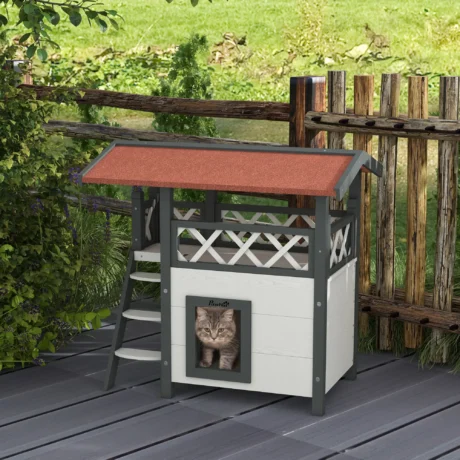 Two-Level Outdoor Cat House with Balcony and Steps – White