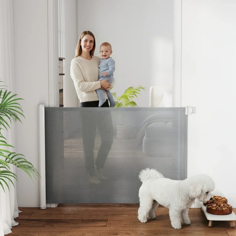 Retractable Fabric Pet Gate – White and Grey, 115cm