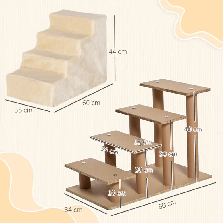 Four-Step Pet Stairs with Washable Cover – Beige, 44cm