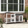 Two-Level Wooden Rabbit Hutch with Wheels and Run – Brown