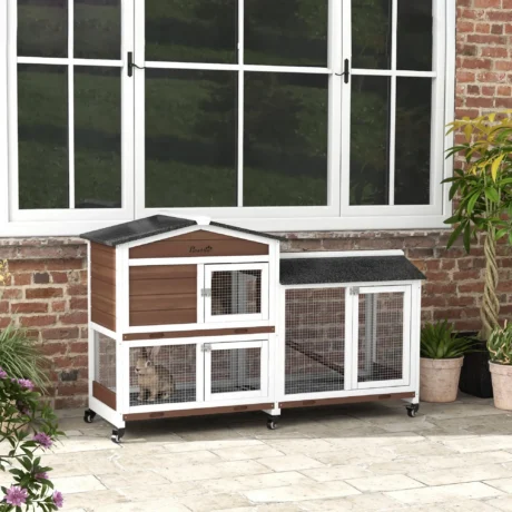 Two-Level Wooden Rabbit Hutch with Wheels and Run – Brown