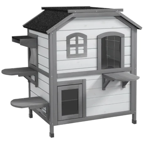 Two-Storey Wooden Cat House with Escape Door &ndash; White