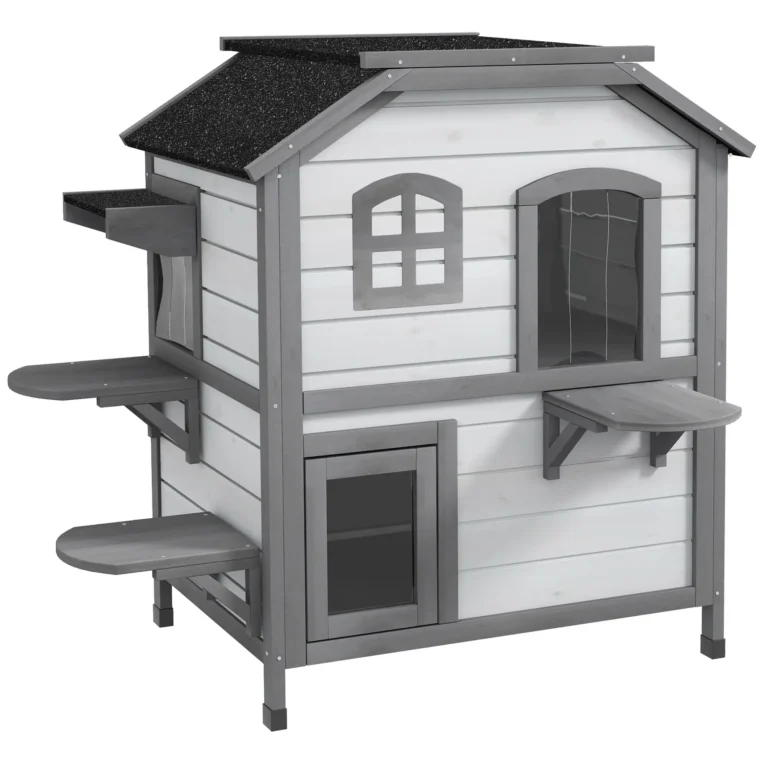 Two-Storey Wooden Cat House with Escape Door – White