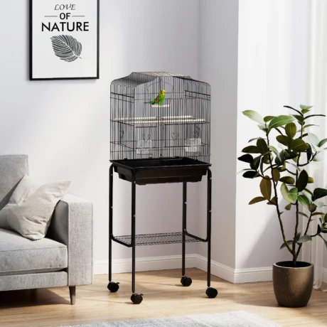Bird Cage with Wheeled Stand and Swing – Black, 124cm