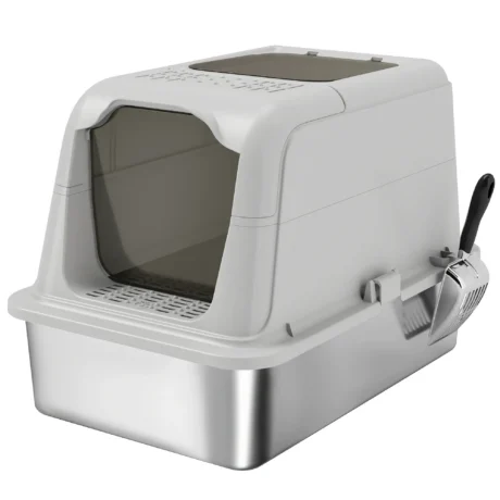 XL Enclosed Steel Litter Box with Top Exit &ndash; Light Grey, 60cm
