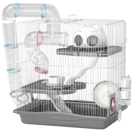 Three-Level Small-Pet Cage with Bottle and Dish &ndash; Grey, 45cm
