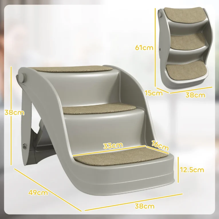 Folding Three-Step Pet Stairs – Grey, 38cm