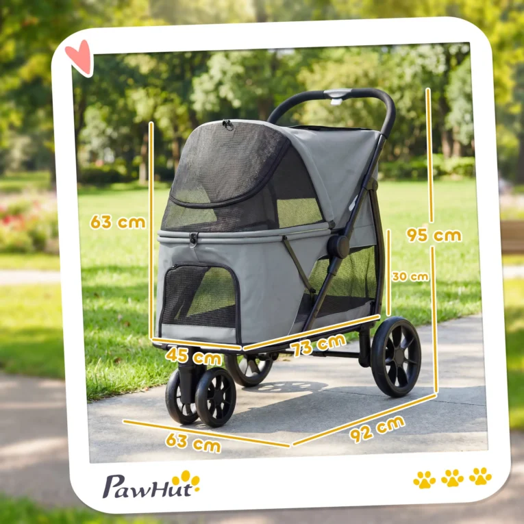 Three-Wheel Folding Dog Stroller with Dual Entry – Grey