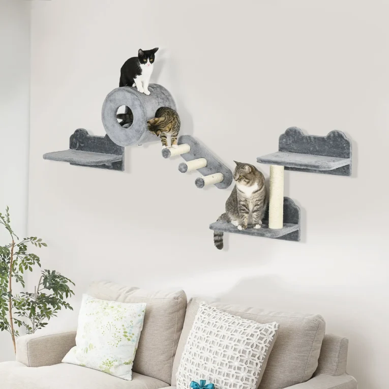 Wall-Mounted Cat Tree with Steps and Perch – Grey and cream