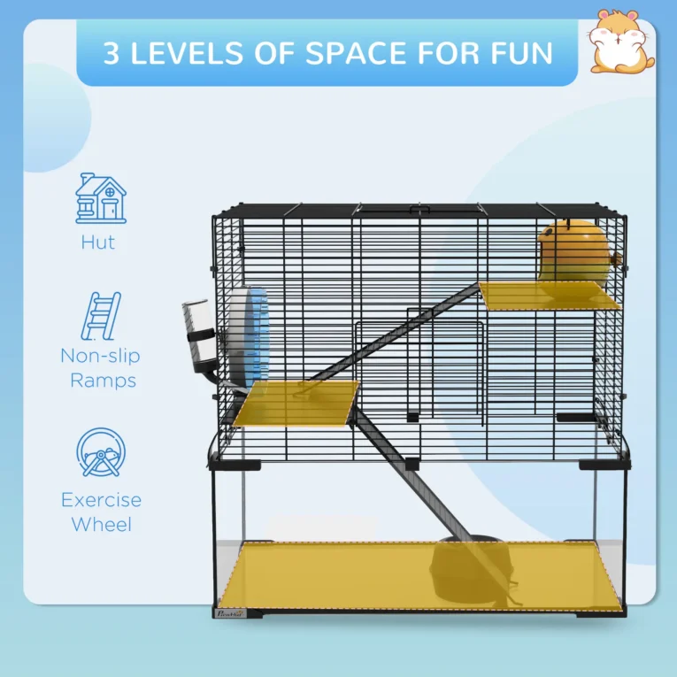 Three-Level Hamster Cage with Glass Base – Black, 60 × 40 × 54.5cm