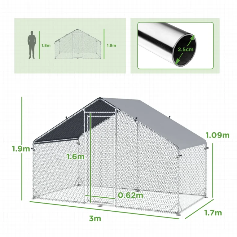 Walk-In Steel Chicken Run with Cover – Silver, 3 × 1.7m